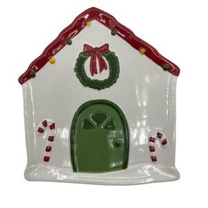 Tag Christmas Dessert Plate Green Front Door Wreath Candy Cane Red Roof Lights